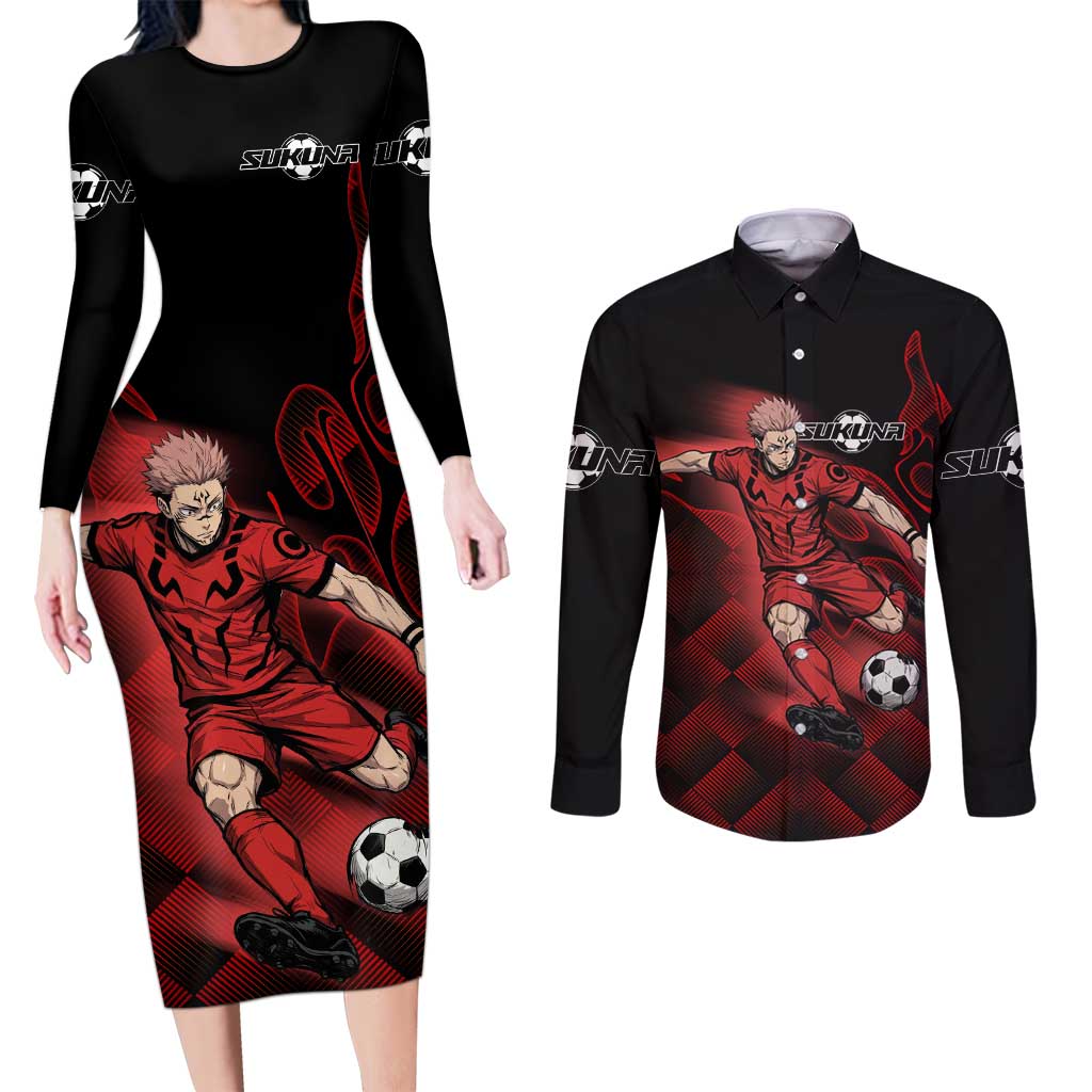 Personalized Sukuna Jujutsu Kaisen Soccer Theme Couples Matching Long Sleeve Bodycon Dress and Long Sleeve Button Shirt with Powerful Kick Pose and Red Black Plaid Graphic Design - The Mazicc