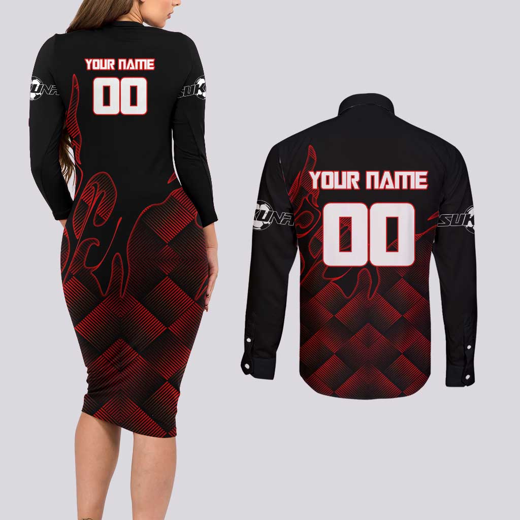 Personalized Sukuna Jujutsu Kaisen Soccer Theme Couples Matching Long Sleeve Bodycon Dress and Long Sleeve Button Shirt with Powerful Kick Pose and Red Black Plaid Graphic Design - The Mazicc