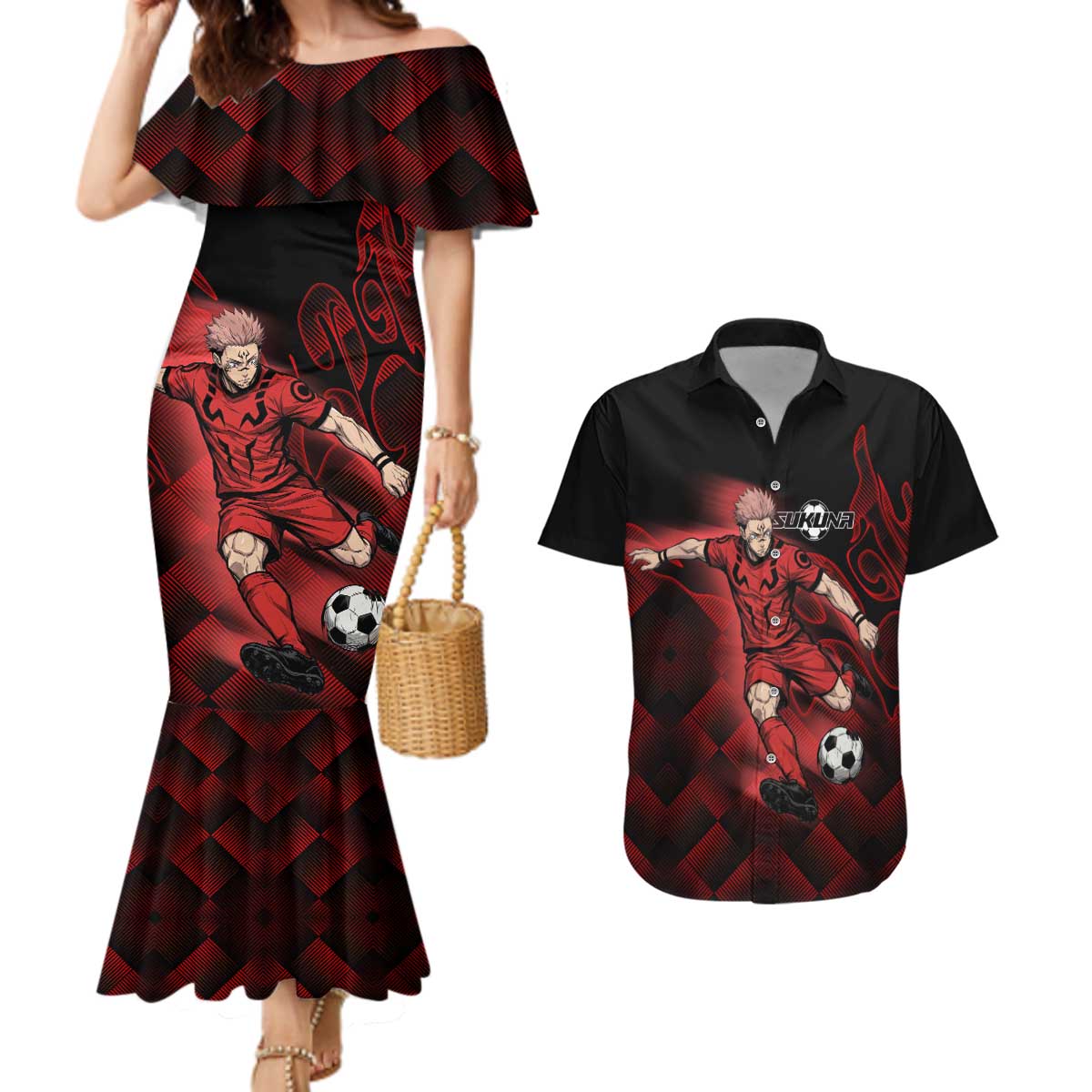 Personalized Sukuna Jujutsu Kaisen Soccer Theme Couples Matching Mermaid Dress and Hawaiian Shirt with Powerful Kick Pose and Red Black Plaid Graphic Design - The Mazicc