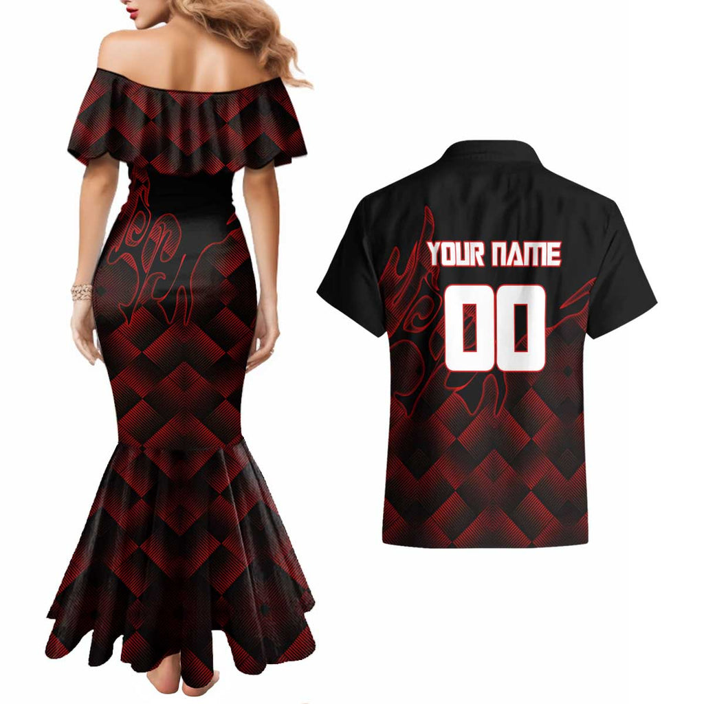 Personalized Sukuna Jujutsu Kaisen Soccer Theme Couples Matching Mermaid Dress and Hawaiian Shirt with Powerful Kick Pose and Red Black Plaid Graphic Design - The Mazicc