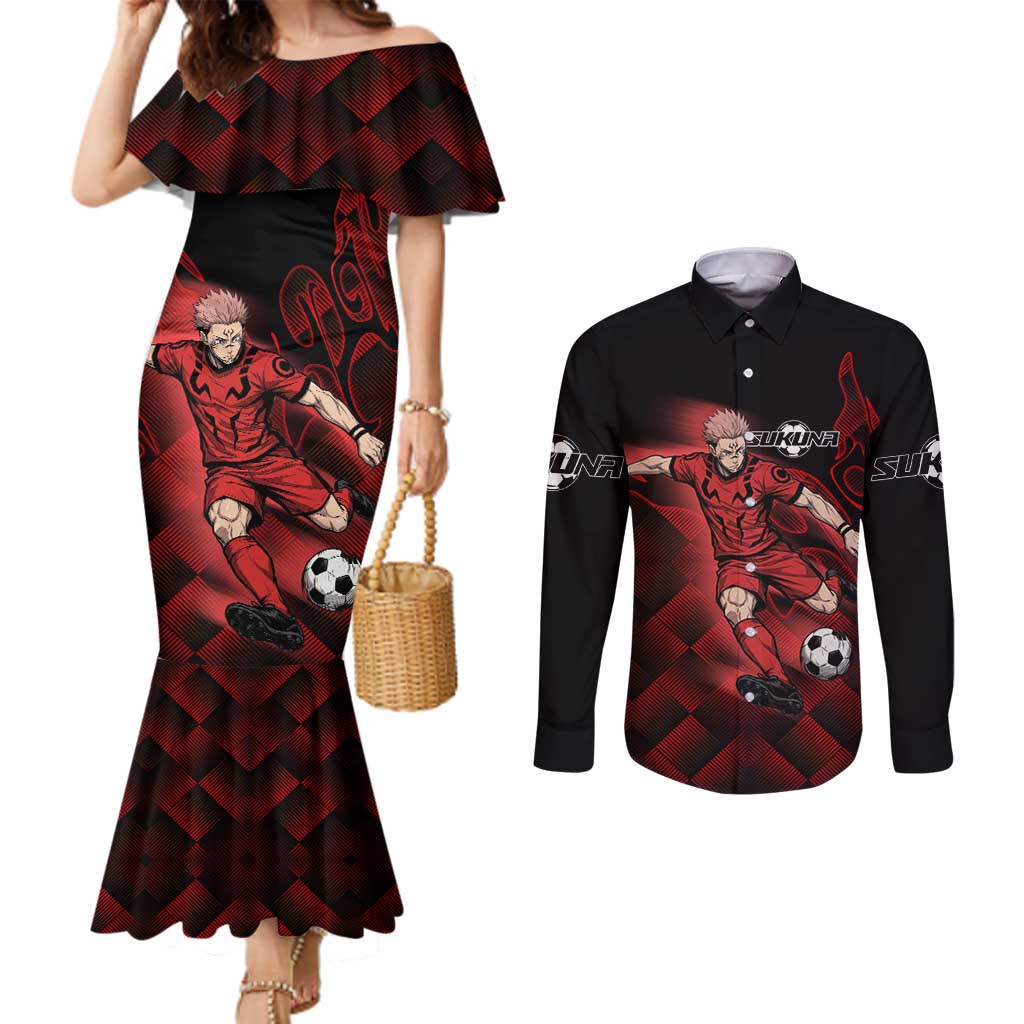 Personalized Sukuna Jujutsu Kaisen Soccer Theme Couples Matching Mermaid Dress and Long Sleeve Button Shirt with Powerful Kick Pose and Red Black Plaid Graphic Design - The Mazicc