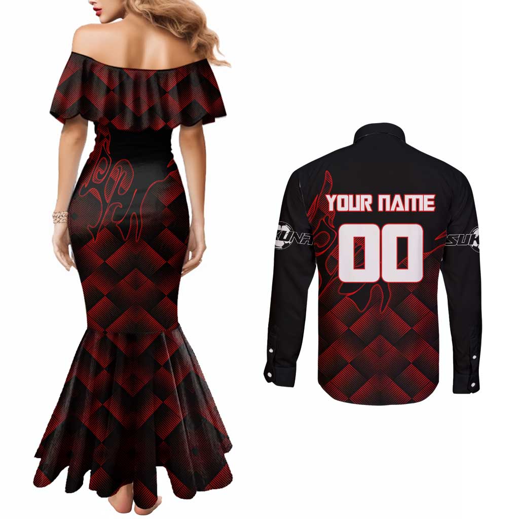 Personalized Sukuna Jujutsu Kaisen Soccer Theme Couples Matching Mermaid Dress and Long Sleeve Button Shirt with Powerful Kick Pose and Red Black Plaid Graphic Design - The Mazicc