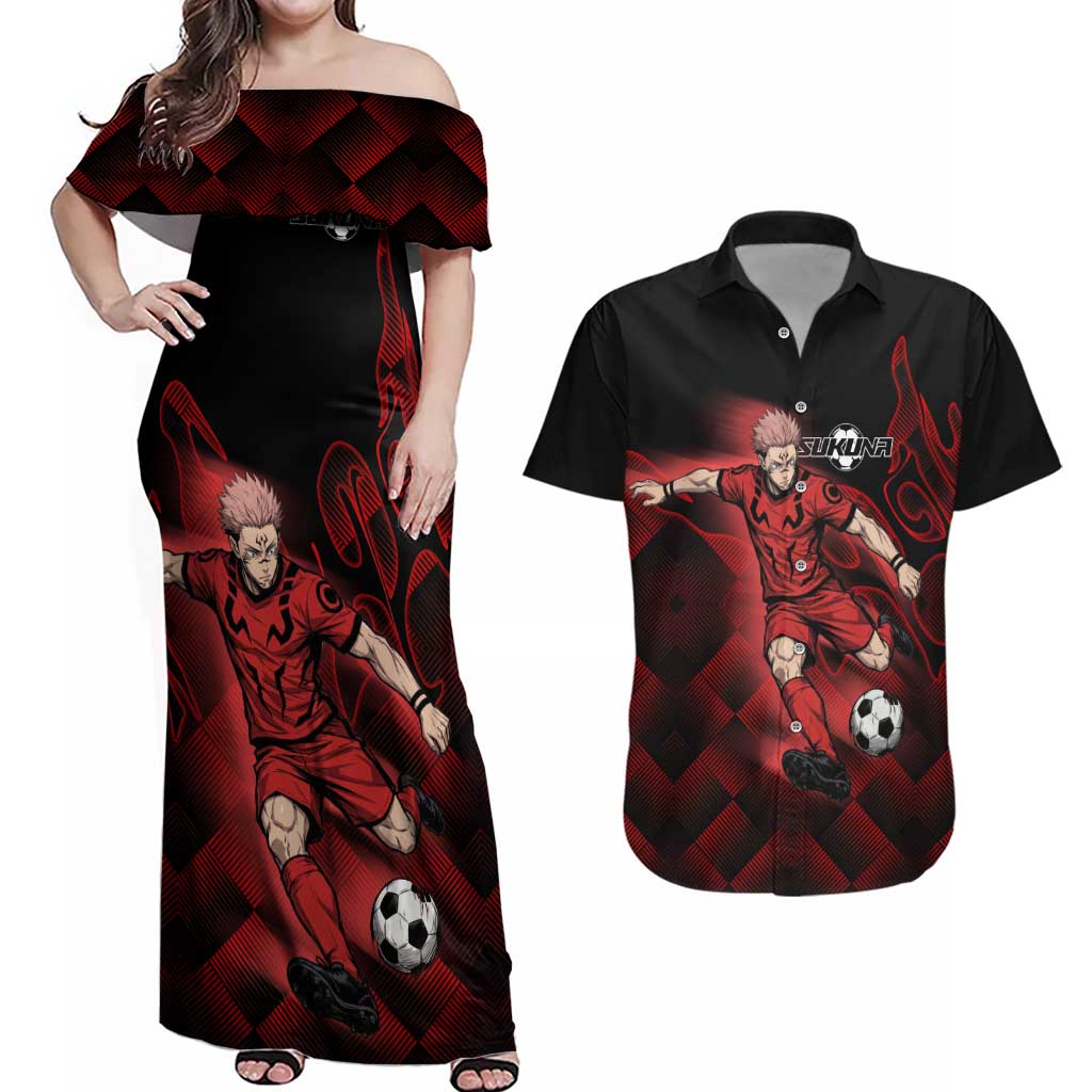 Personalized Sukuna Jujutsu Kaisen Soccer Theme Couples Matching Off Shoulder Maxi Dress and Hawaiian Shirt with Powerful Kick Pose and Red Black Plaid Graphic Design - The Mazicc