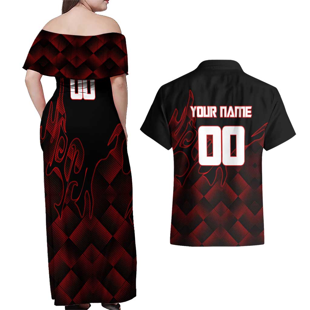 Personalized Sukuna Jujutsu Kaisen Soccer Theme Couples Matching Off Shoulder Maxi Dress and Hawaiian Shirt with Powerful Kick Pose and Red Black Plaid Graphic Design - The Mazicc