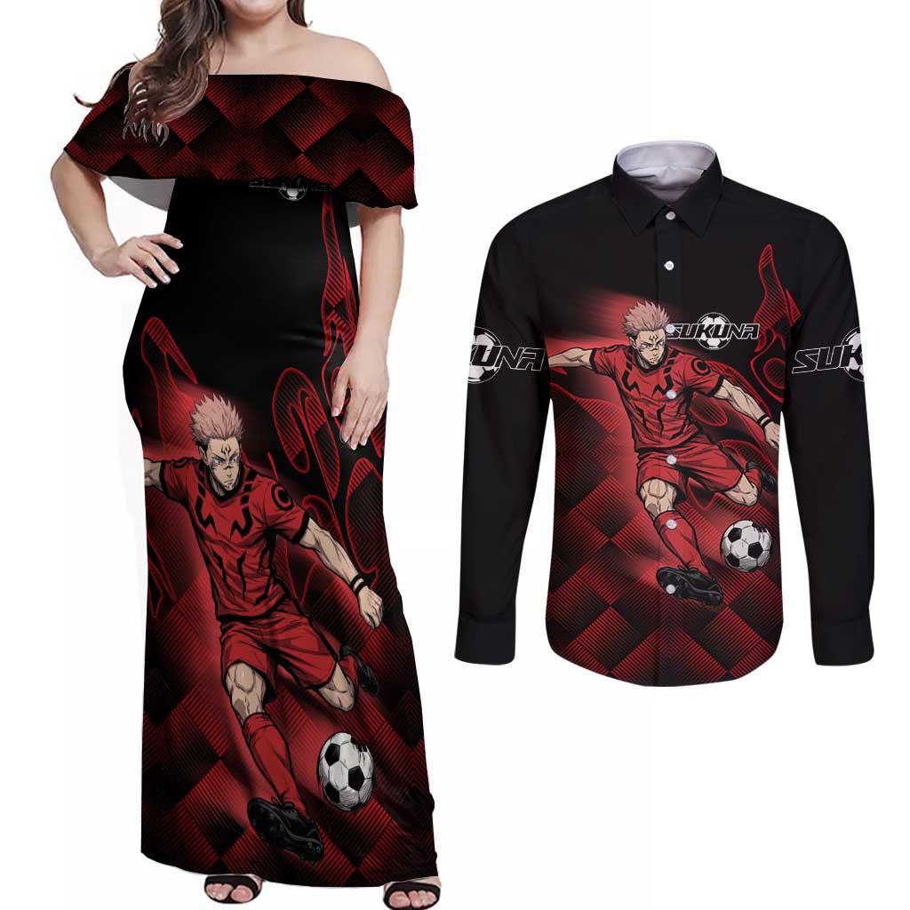 Personalized Sukuna Jujutsu Kaisen Soccer Theme Couples Matching Off Shoulder Maxi Dress and Long Sleeve Button Shirt with Powerful Kick Pose and Red Black Plaid Graphic Design - The Mazicc