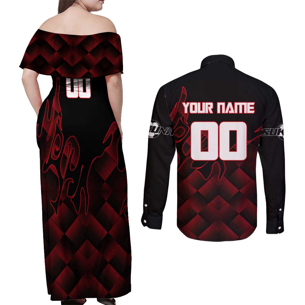 Personalized Sukuna Jujutsu Kaisen Soccer Theme Couples Matching Off Shoulder Maxi Dress and Long Sleeve Button Shirt with Powerful Kick Pose and Red Black Plaid Graphic Design - The Mazicc