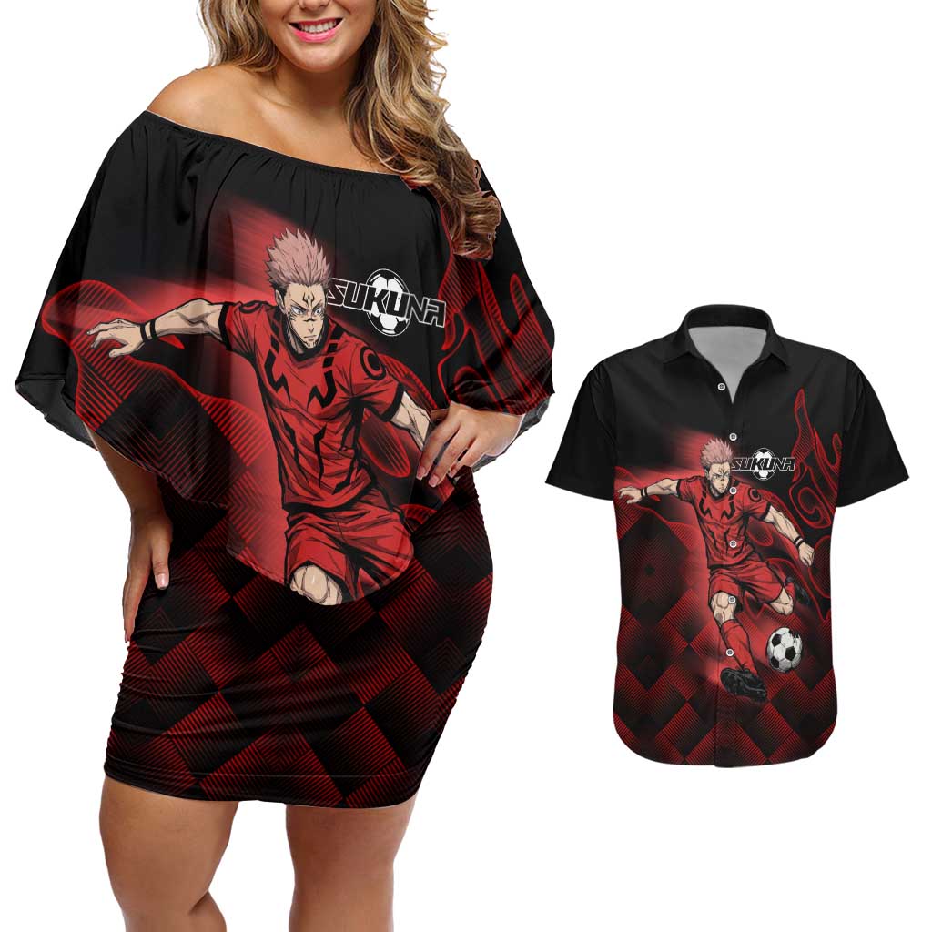 Personalized Sukuna Jujutsu Kaisen Soccer Theme Couples Matching Off Shoulder Short Dress and Hawaiian Shirt with Powerful Kick Pose and Red Black Plaid Graphic Design - The Mazicc