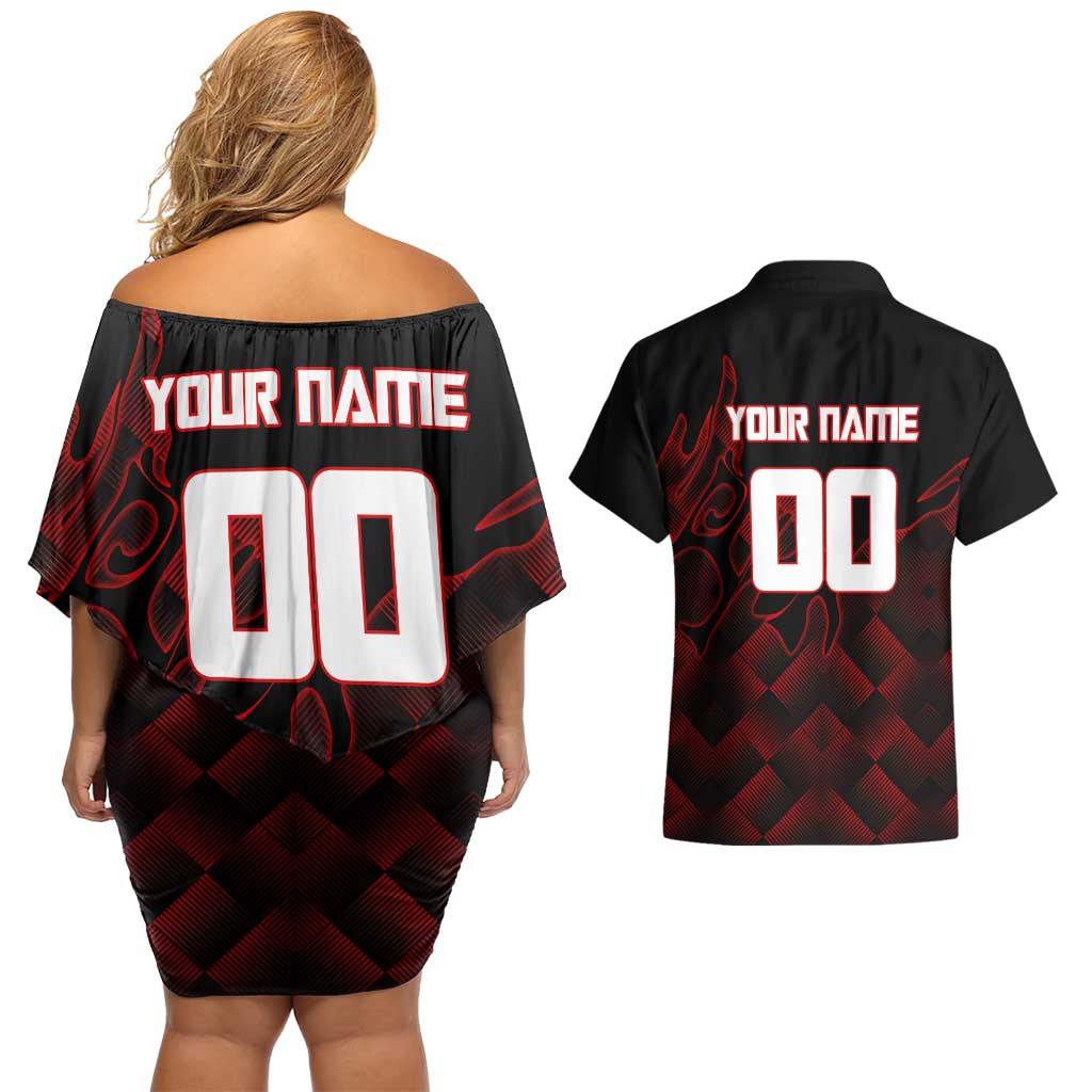 Personalized Sukuna Jujutsu Kaisen Soccer Theme Couples Matching Off Shoulder Short Dress and Hawaiian Shirt with Powerful Kick Pose and Red Black Plaid Graphic Design - The Mazicc