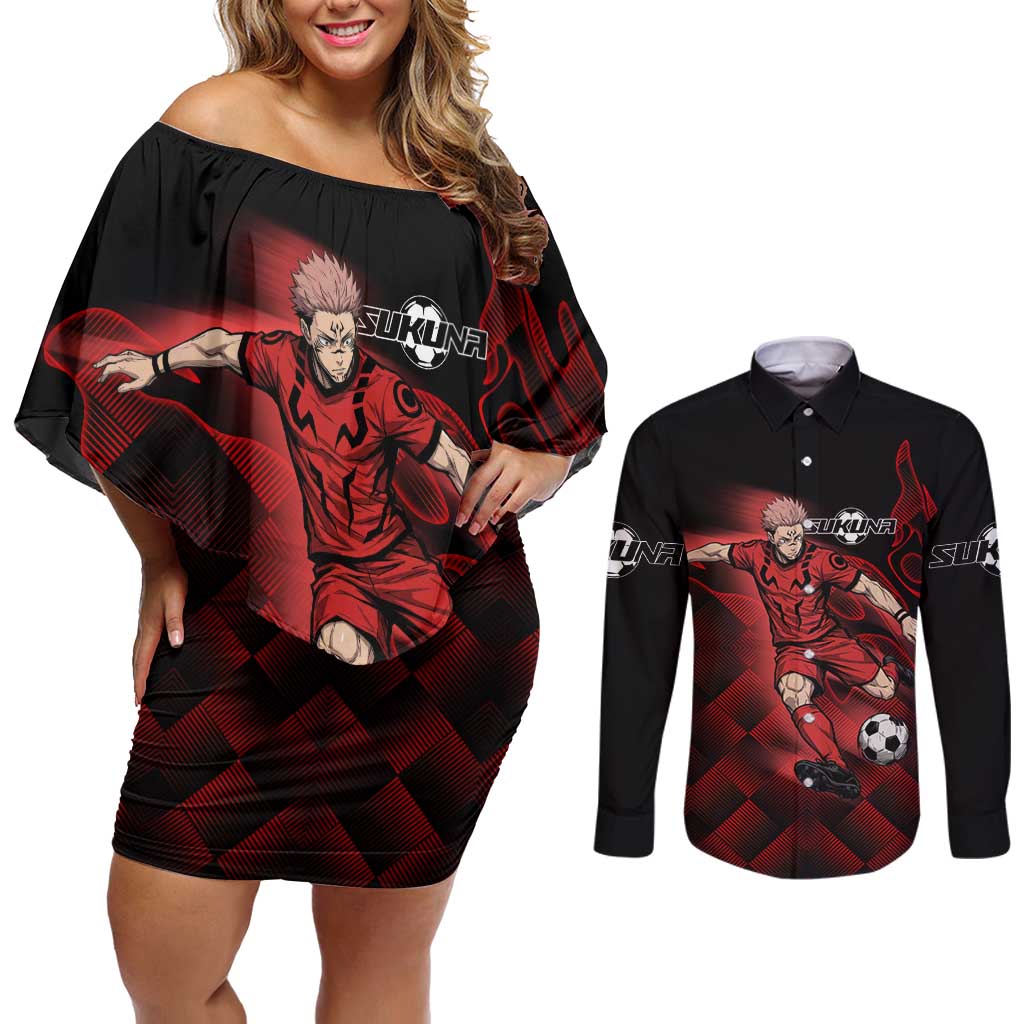 Personalized Sukuna Jujutsu Kaisen Soccer Theme Couples Matching Off Shoulder Short Dress and Long Sleeve Button Shirt with Powerful Kick Pose and Red Black Plaid Graphic Design - The Mazicc