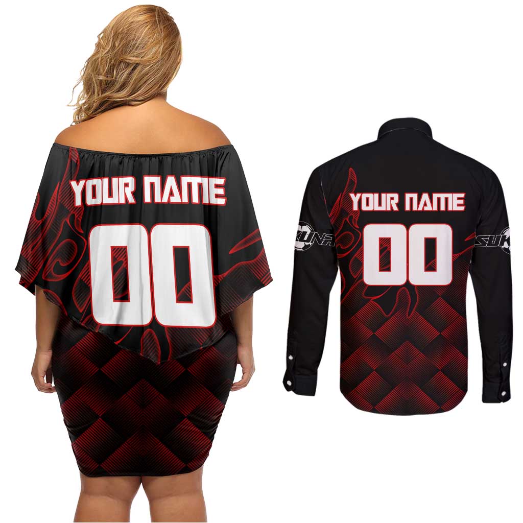 Personalized Sukuna Jujutsu Kaisen Soccer Theme Couples Matching Off Shoulder Short Dress and Long Sleeve Button Shirt with Powerful Kick Pose and Red Black Plaid Graphic Design - The Mazicc