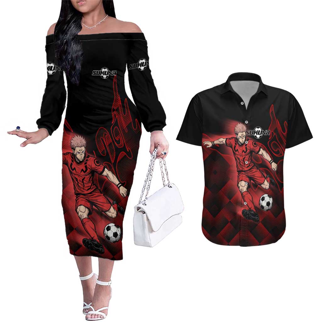 Personalized Sukuna Jujutsu Kaisen Soccer Theme Couples Matching Off The Shoulder Long Sleeve Dress and Hawaiian Shirt with Powerful Kick Pose and Red Black Plaid Graphic Design - The Mazicc