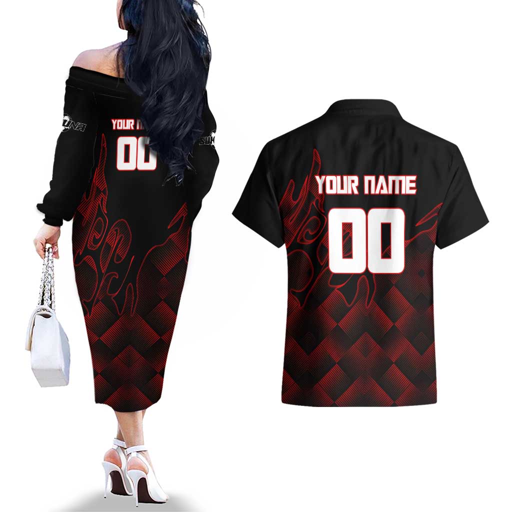 Personalized Sukuna Jujutsu Kaisen Soccer Theme Couples Matching Off The Shoulder Long Sleeve Dress and Hawaiian Shirt with Powerful Kick Pose and Red Black Plaid Graphic Design - The Mazicc