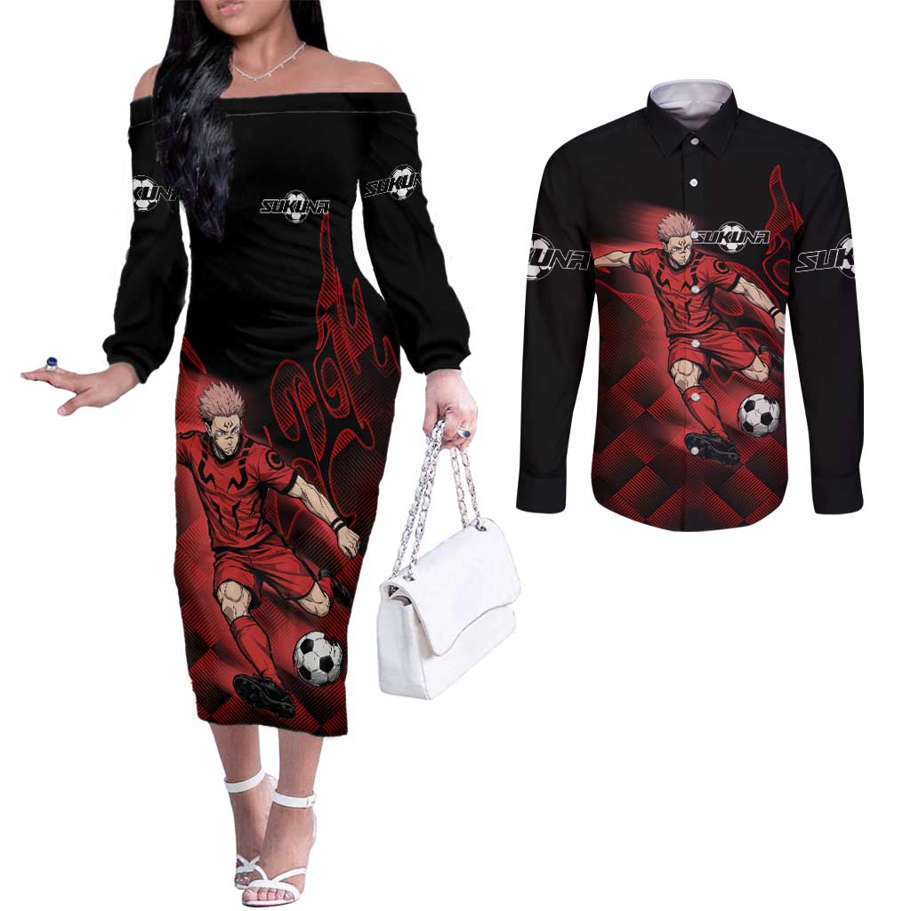 Personalized Sukuna Jujutsu Kaisen Soccer Theme Couples Matching Off The Shoulder Long Sleeve Dress and Long Sleeve Button Shirt with Powerful Kick Pose and Red Black Plaid Graphic Design - The Mazicc