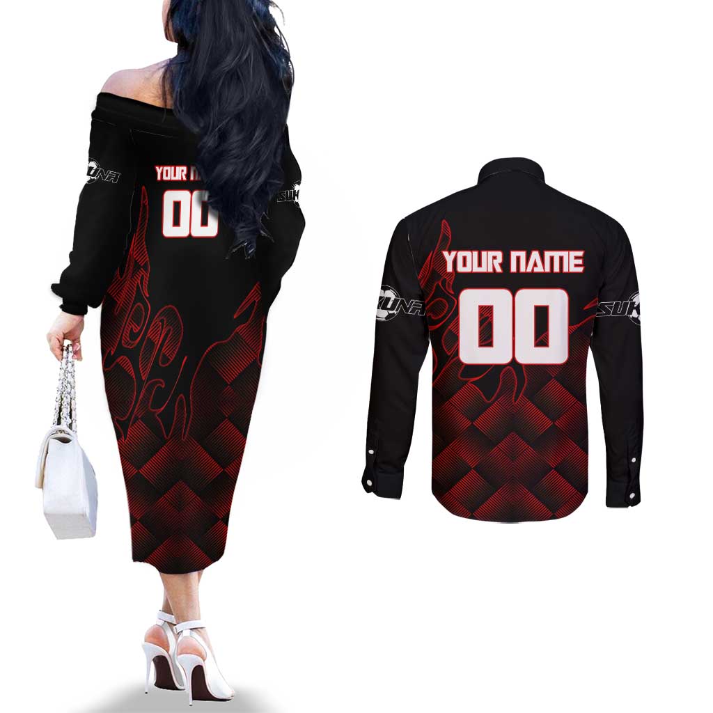 Personalized Sukuna Jujutsu Kaisen Soccer Theme Couples Matching Off The Shoulder Long Sleeve Dress and Long Sleeve Button Shirt with Powerful Kick Pose and Red Black Plaid Graphic Design - The Mazicc