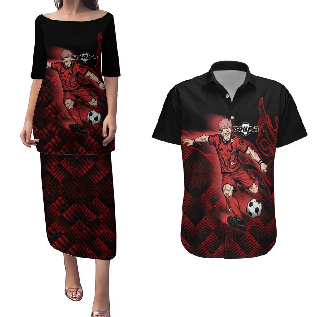 Personalized Sukuna Jujutsu Kaisen Soccer Theme Couples Matching Puletasi and Hawaiian Shirt with Powerful Kick Pose and Red Black Plaid Graphic Design - The Mazicc