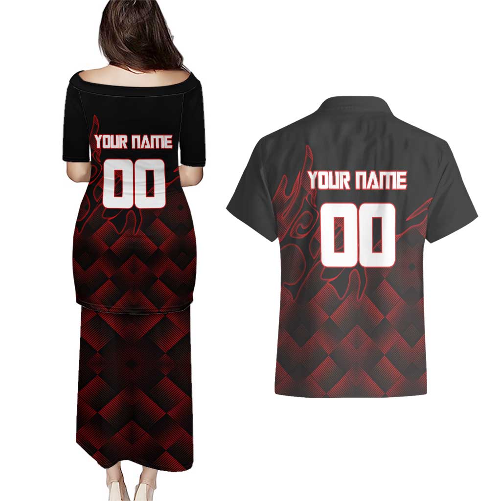 Personalized Sukuna Jujutsu Kaisen Soccer Theme Couples Matching Puletasi and Hawaiian Shirt with Powerful Kick Pose and Red Black Plaid Graphic Design - The Mazicc