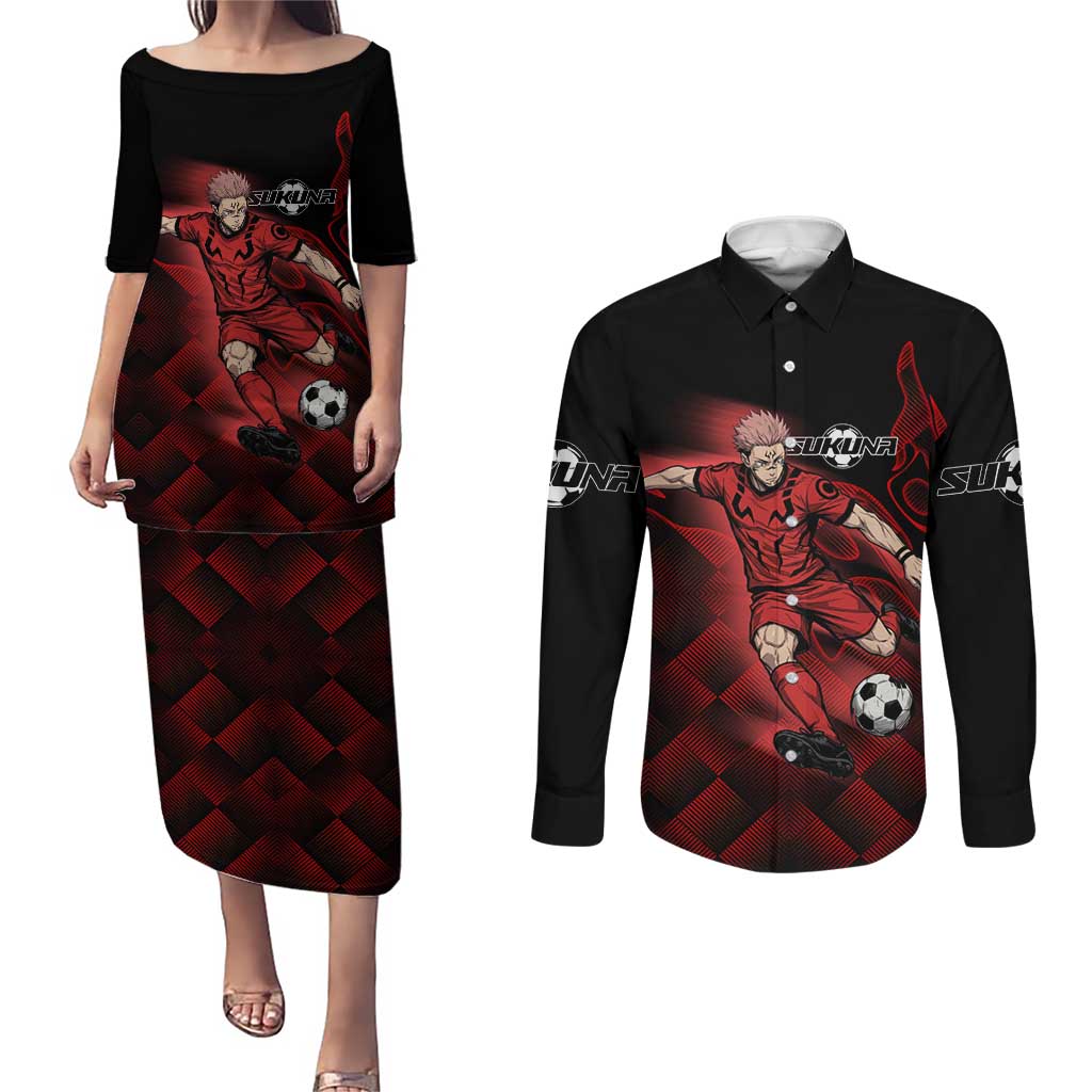 Personalized Sukuna Jujutsu Kaisen Soccer Theme Couples Matching Puletasi and Long Sleeve Button Shirt with Powerful Kick Pose and Red Black Plaid Graphic Design - The Mazicc