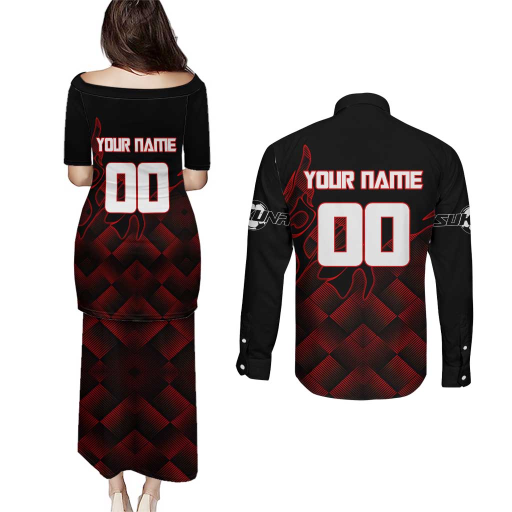 Personalized Sukuna Jujutsu Kaisen Soccer Theme Couples Matching Puletasi and Long Sleeve Button Shirt with Powerful Kick Pose and Red Black Plaid Graphic Design - The Mazicc