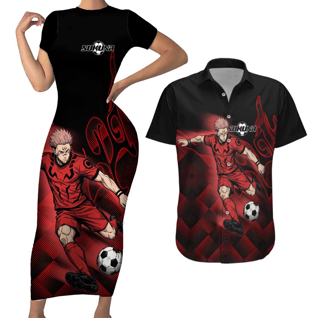 Personalized Sukuna Jujutsu Kaisen Soccer Theme Couples Matching Short Sleeve Bodycon Dress and Hawaiian Shirt with Powerful Kick Pose and Red Black Plaid Graphic Design - The Mazicc