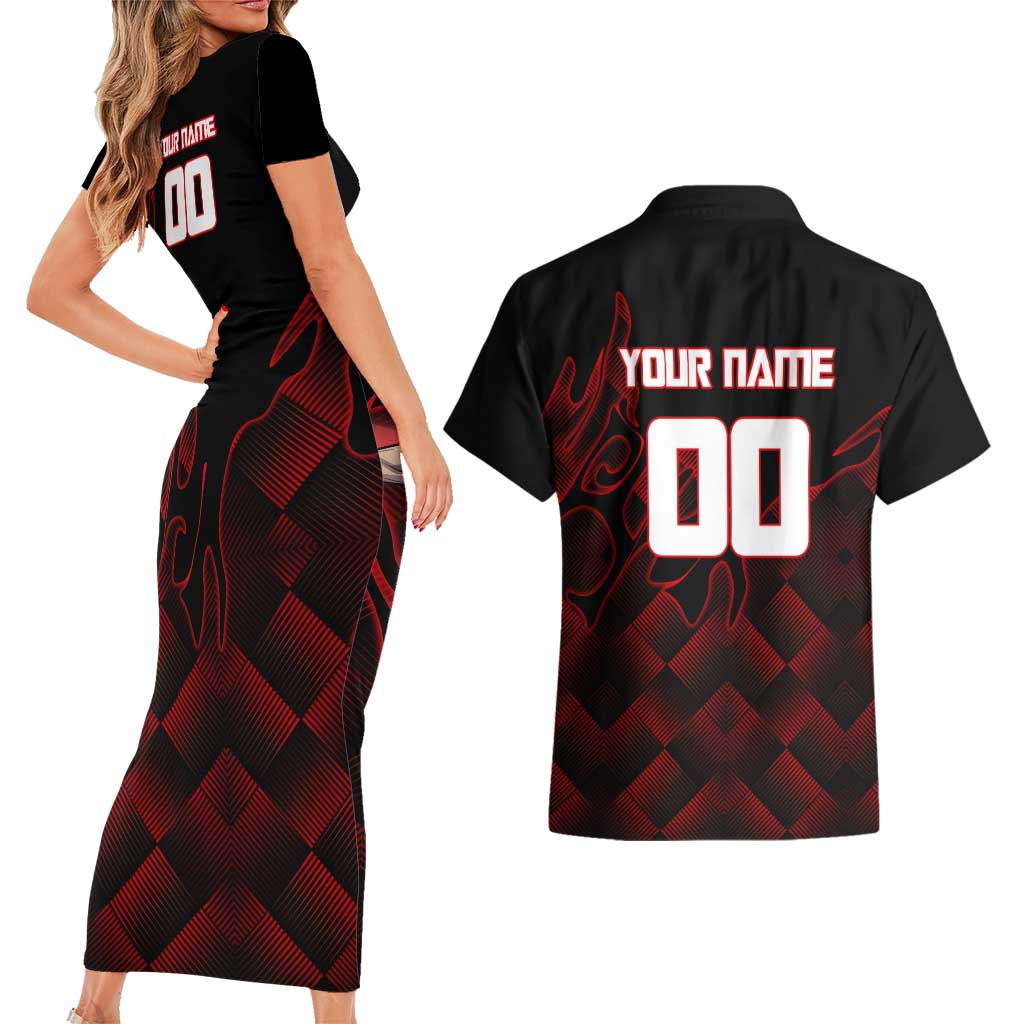 Personalized Sukuna Jujutsu Kaisen Soccer Theme Couples Matching Short Sleeve Bodycon Dress and Hawaiian Shirt with Powerful Kick Pose and Red Black Plaid Graphic Design - The Mazicc