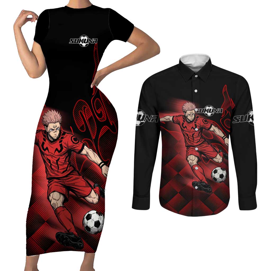 Personalized Sukuna Jujutsu Kaisen Soccer Theme Couples Matching Short Sleeve Bodycon Dress and Long Sleeve Button Shirt with Powerful Kick Pose and Red Black Plaid Graphic Design - The Mazicc