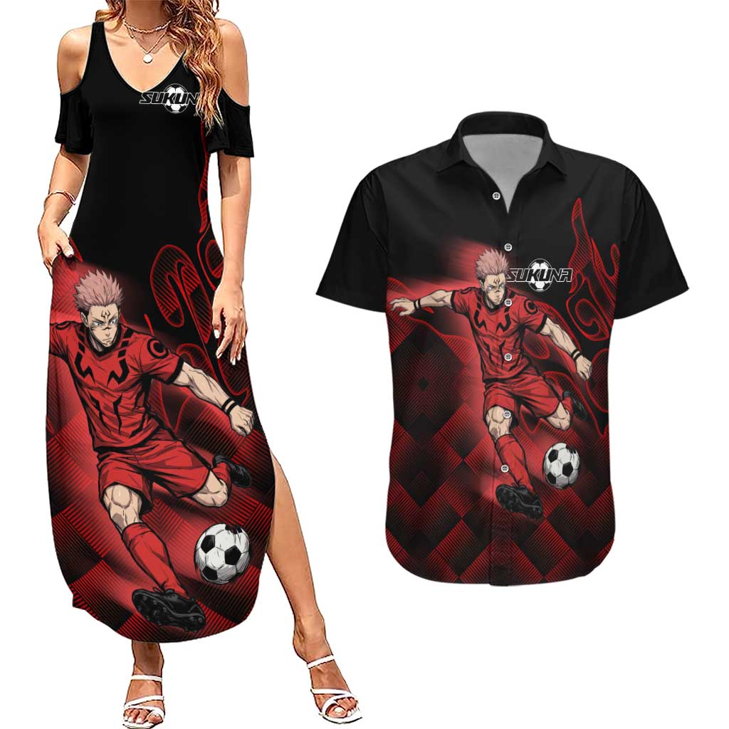 Personalized Sukuna Jujutsu Kaisen Soccer Theme Couples Matching Summer Maxi Dress and Hawaiian Shirt with Powerful Kick Pose and Red Black Plaid Graphic Design - The Mazicc