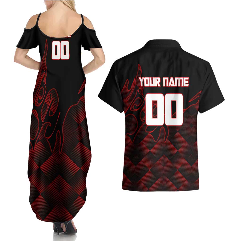 Personalized Sukuna Jujutsu Kaisen Soccer Theme Couples Matching Summer Maxi Dress and Hawaiian Shirt with Powerful Kick Pose and Red Black Plaid Graphic Design - The Mazicc