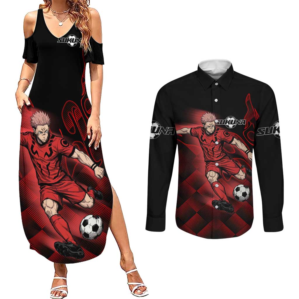 Personalized Sukuna Jujutsu Kaisen Soccer Theme Couples Matching Summer Maxi Dress and Long Sleeve Button Shirt with Powerful Kick Pose and Red Black Plaid Graphic Design - The Mazicc