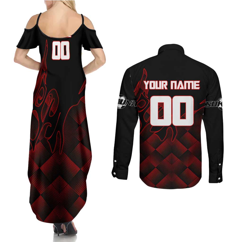 Personalized Sukuna Jujutsu Kaisen Soccer Theme Couples Matching Summer Maxi Dress and Long Sleeve Button Shirt with Powerful Kick Pose and Red Black Plaid Graphic Design - The Mazicc
