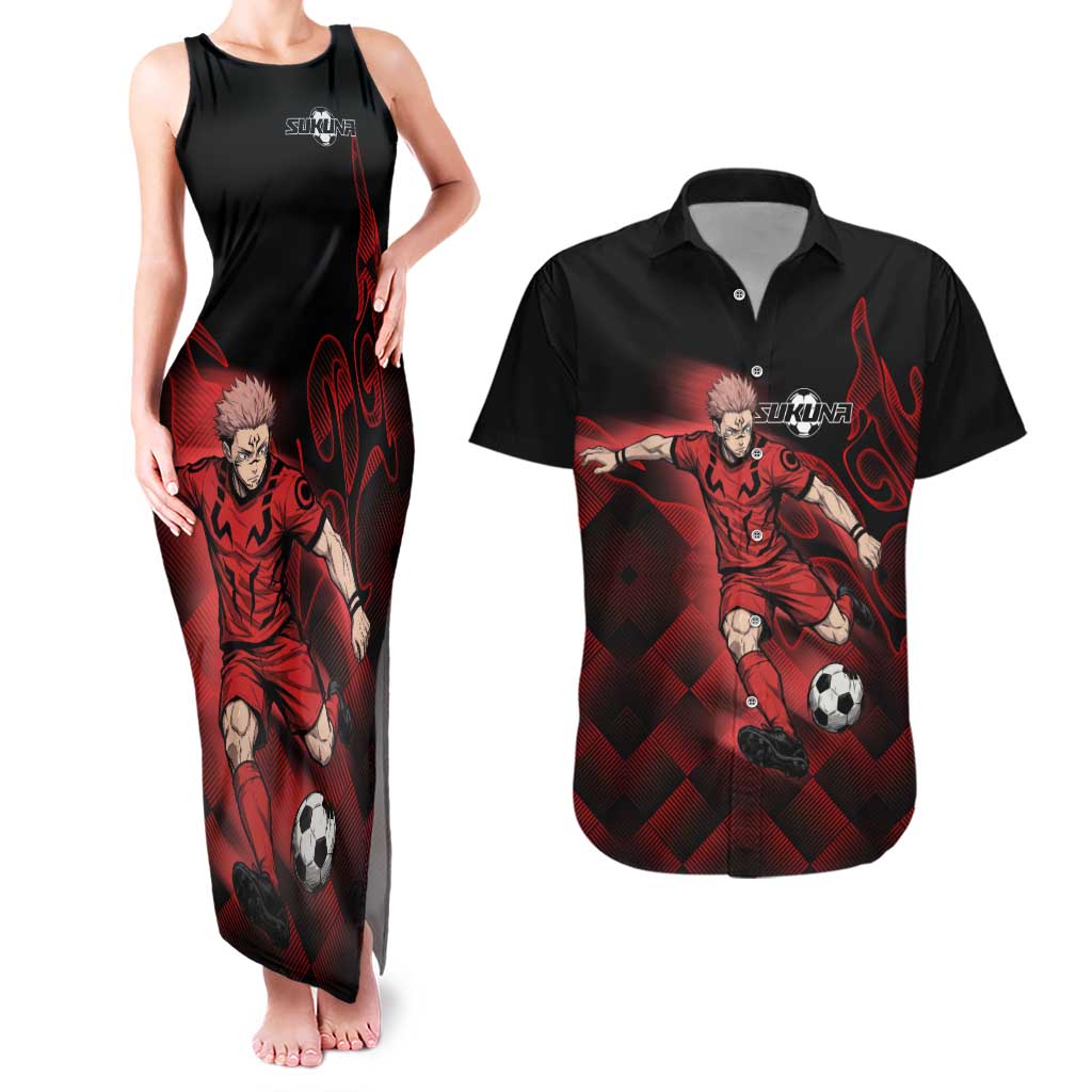 Personalized Sukuna Jujutsu Kaisen Soccer Theme Couples Matching Tank Maxi Dress and Hawaiian Shirt with Powerful Kick Pose and Red Black Plaid Graphic Design - The Mazicc