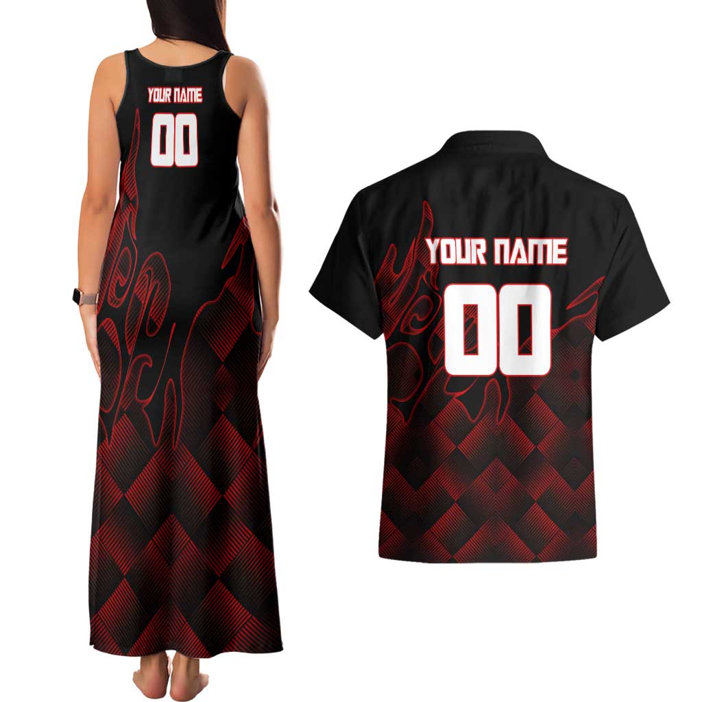 Personalized Sukuna Jujutsu Kaisen Soccer Theme Couples Matching Tank Maxi Dress and Hawaiian Shirt with Powerful Kick Pose and Red Black Plaid Graphic Design - The Mazicc
