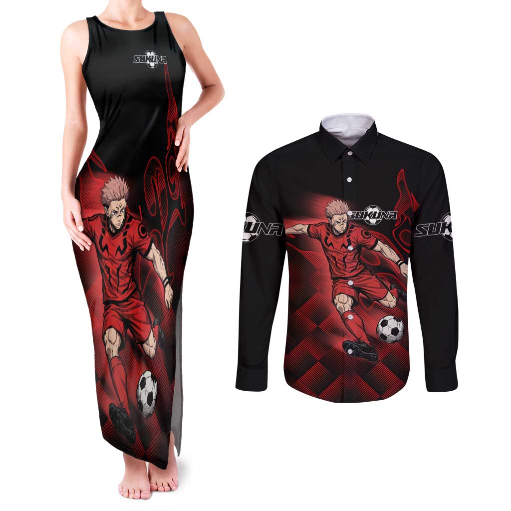 Personalized Sukuna Jujutsu Kaisen Soccer Theme Couples Matching Tank Maxi Dress and Long Sleeve Button Shirt with Powerful Kick Pose and Red Black Plaid Graphic Design - The Mazicc