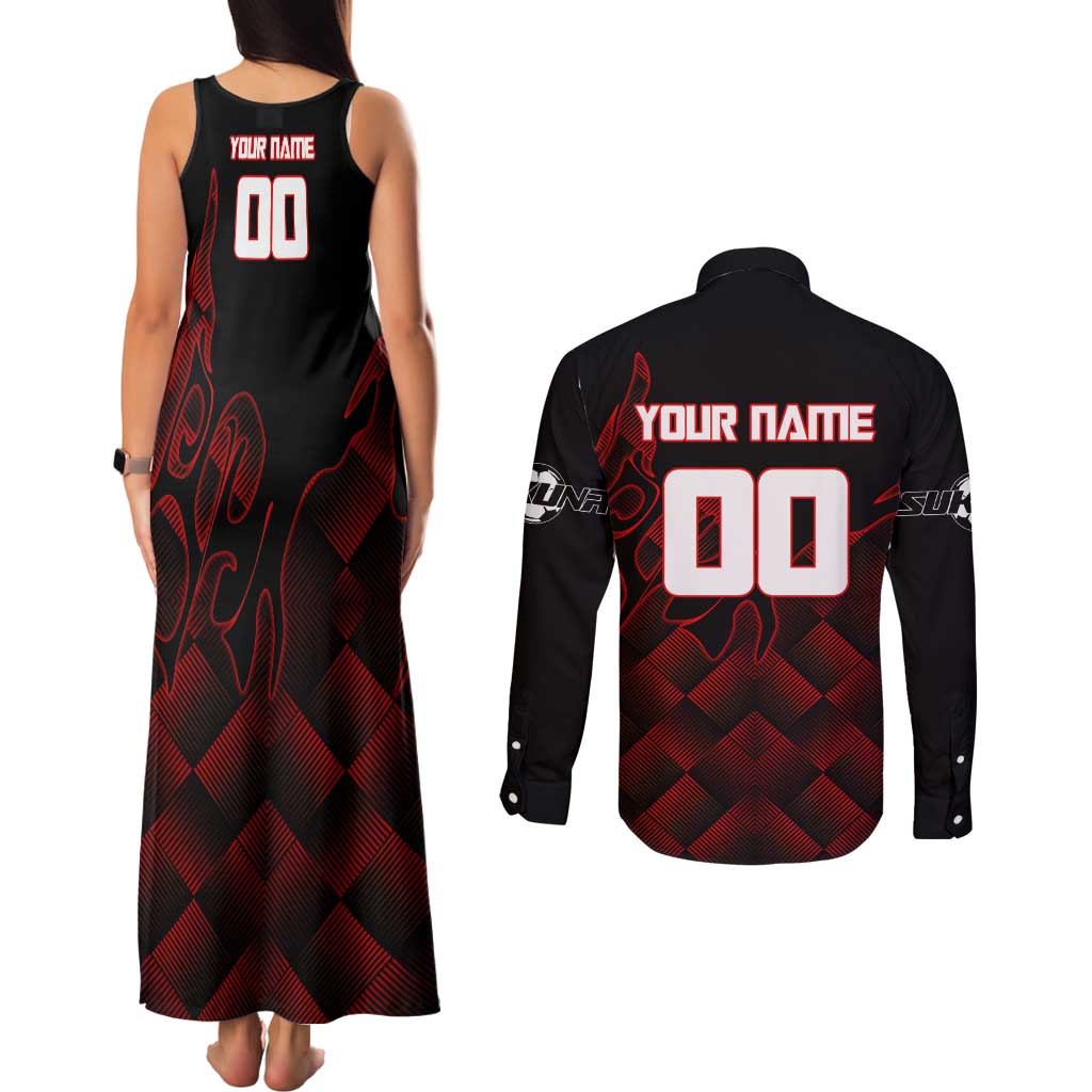 Personalized Sukuna Jujutsu Kaisen Soccer Theme Couples Matching Tank Maxi Dress and Long Sleeve Button Shirt with Powerful Kick Pose and Red Black Plaid Graphic Design - The Mazicc