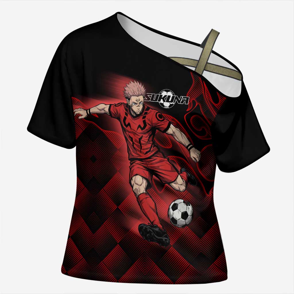 Personalized Sukuna Jujutsu Kaisen Soccer Theme Cross Shoulder Shirt with Powerful Kick Pose and Red Black Plaid Graphic Design - The Mazicc