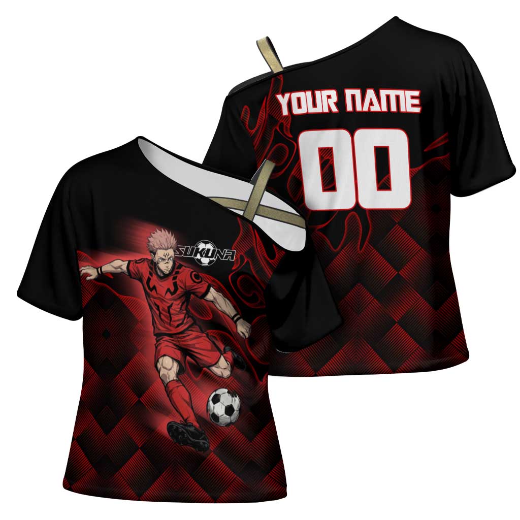 Personalized Sukuna Jujutsu Kaisen Soccer Theme Cross Shoulder Shirt with Powerful Kick Pose and Red Black Plaid Graphic Design - The Mazicc