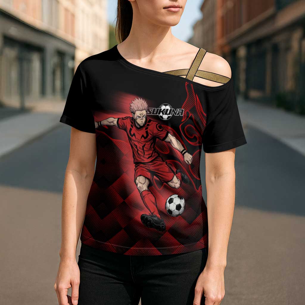 Personalized Sukuna Jujutsu Kaisen Soccer Theme Cross Shoulder Shirt with Powerful Kick Pose and Red Black Plaid Graphic Design - The Mazicc