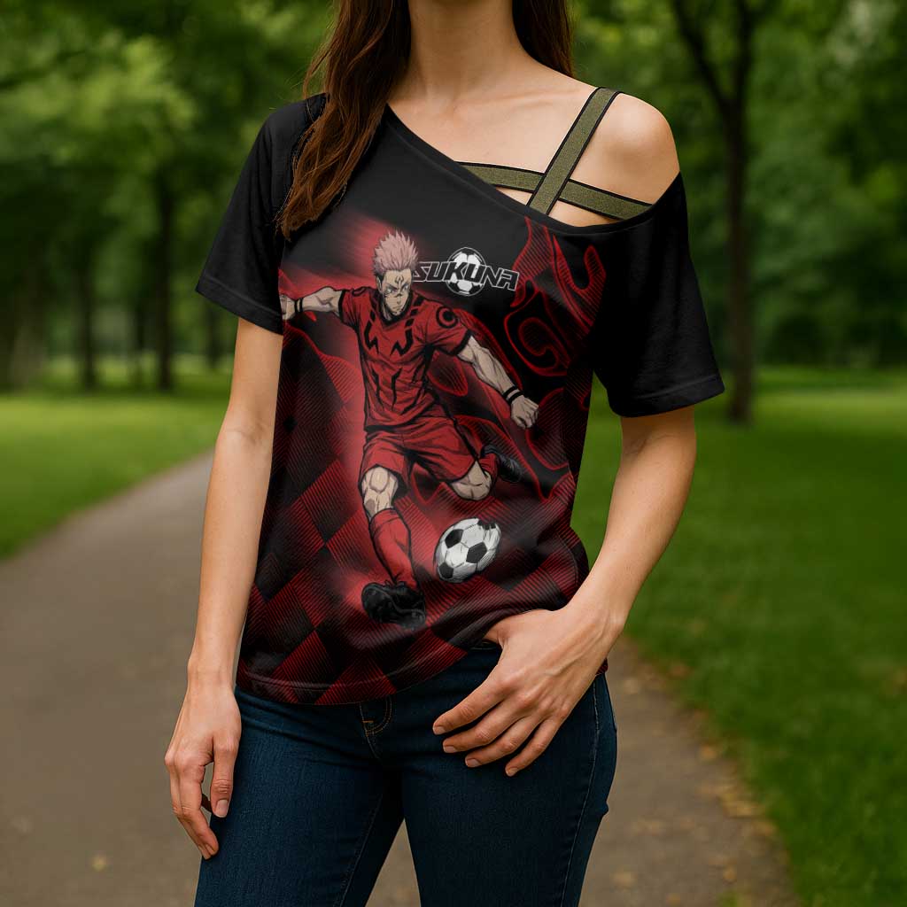 Personalized Sukuna Jujutsu Kaisen Soccer Theme Cross Shoulder Shirt with Powerful Kick Pose and Red Black Plaid Graphic Design - The Mazicc