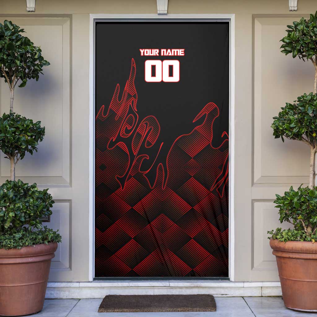 Personalized Sukuna Jujutsu Kaisen Soccer Theme Door Cover with Powerful Kick Pose and Red Black Plaid Graphic Design - The Mazicc