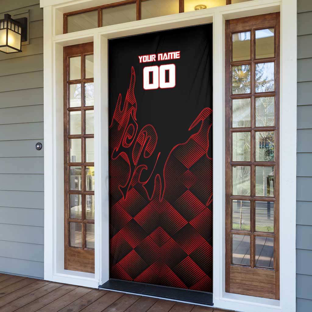 Personalized Sukuna Jujutsu Kaisen Soccer Theme Door Cover with Powerful Kick Pose and Red Black Plaid Graphic Design - The Mazicc