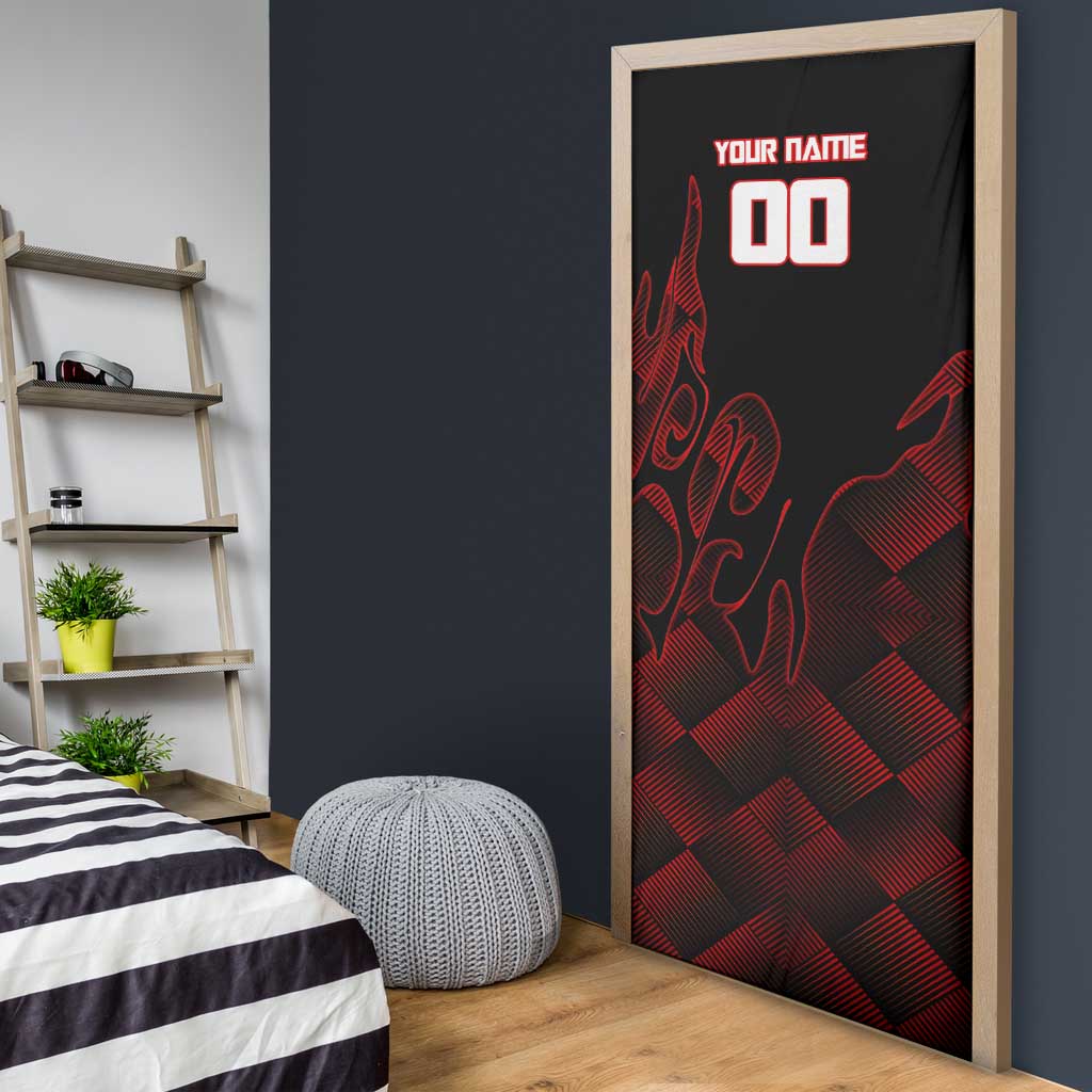 Personalized Sukuna Jujutsu Kaisen Soccer Theme Door Cover with Powerful Kick Pose and Red Black Plaid Graphic Design - The Mazicc