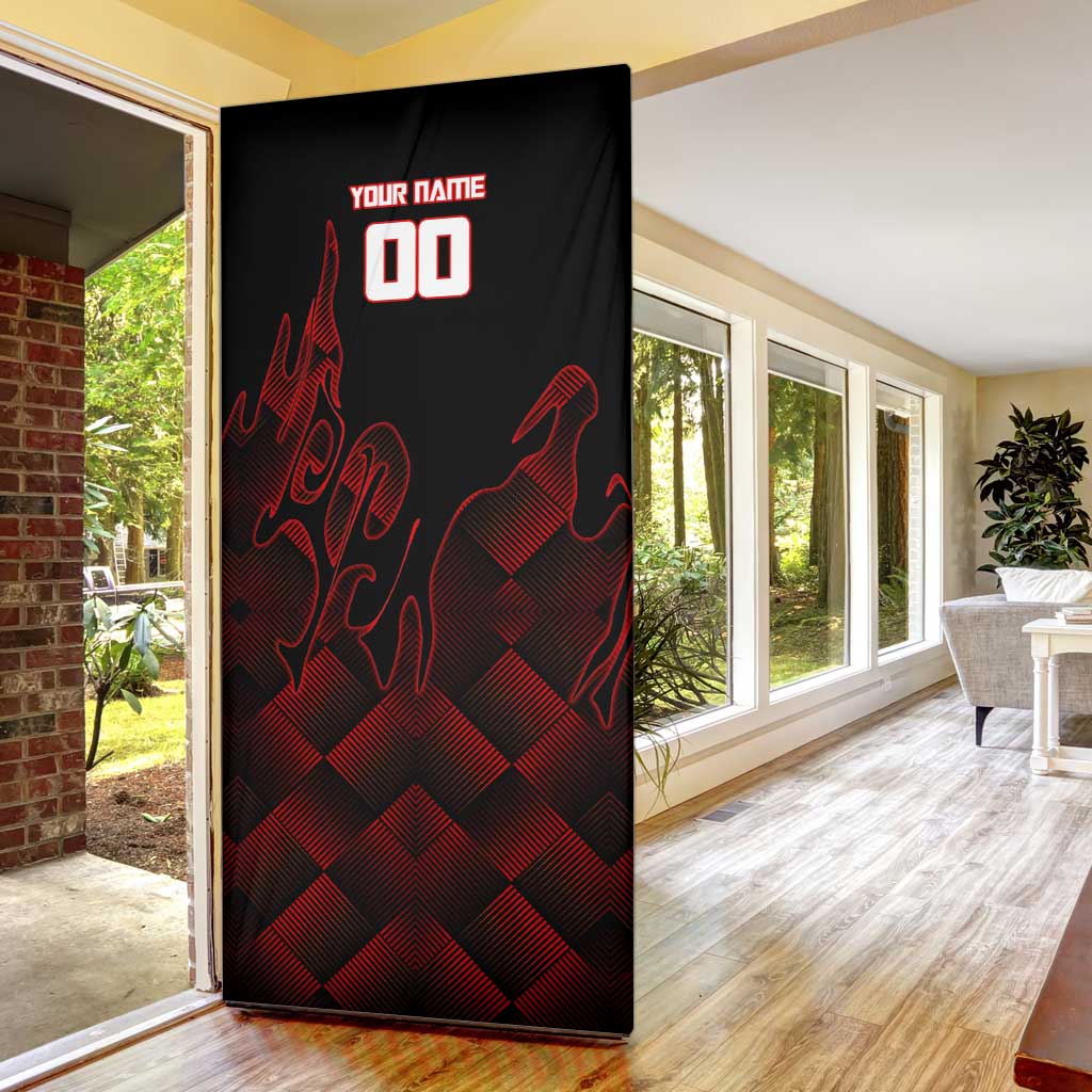 Personalized Sukuna Jujutsu Kaisen Soccer Theme Door Cover with Powerful Kick Pose and Red Black Plaid Graphic Design - The Mazicc