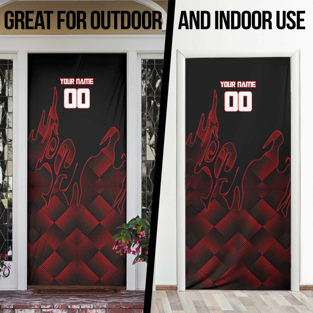 Personalized Sukuna Jujutsu Kaisen Soccer Theme Door Cover with Powerful Kick Pose and Red Black Plaid Graphic Design - The Mazicc