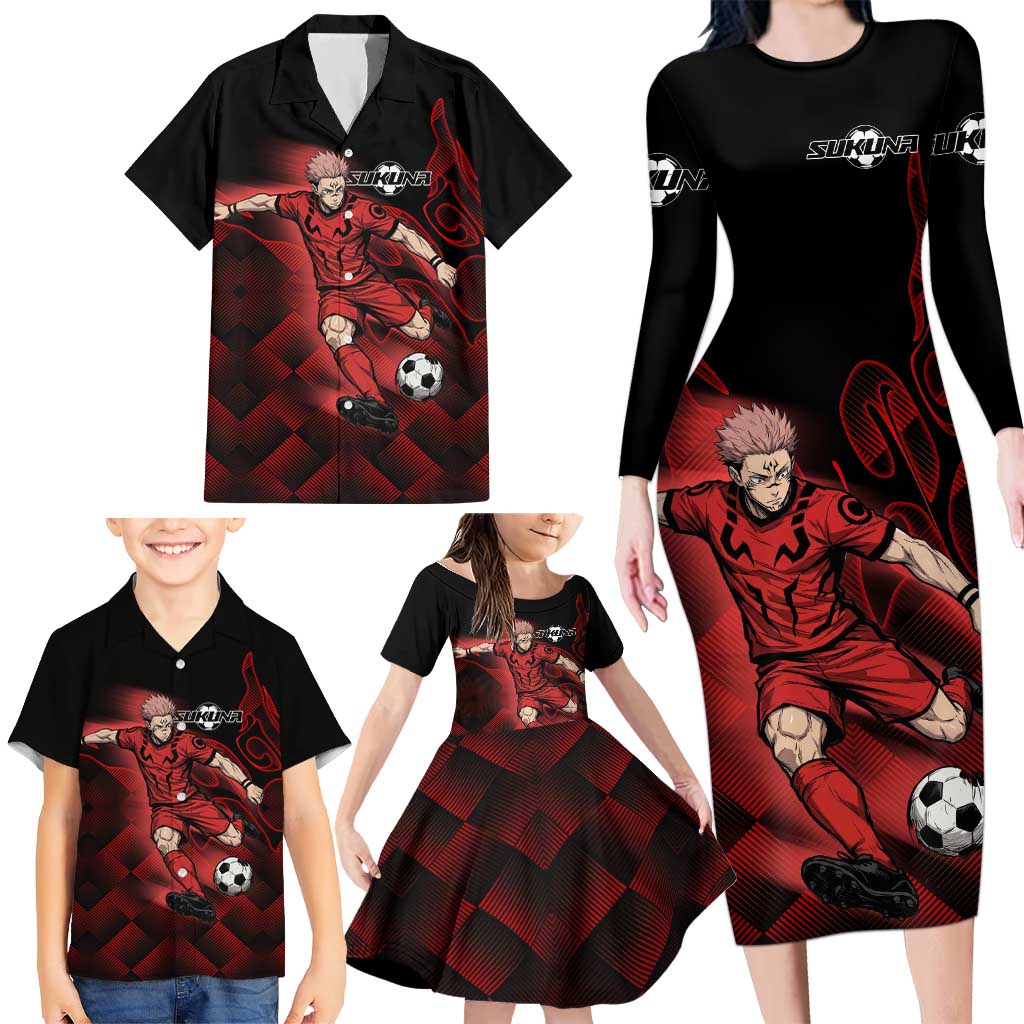 Personalized Sukuna Jujutsu Kaisen Soccer Theme Family Matching Long Sleeve Bodycon Dress and Hawaiian Shirt with Powerful Kick Pose and Red Black Plaid Graphic Design