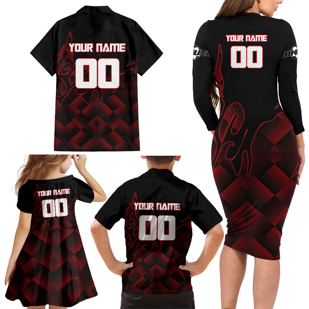 Personalized Sukuna Jujutsu Kaisen Soccer Theme Family Matching Long Sleeve Bodycon Dress and Hawaiian Shirt with Powerful Kick Pose and Red Black Plaid Graphic Design