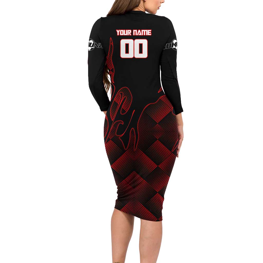 Personalized Sukuna Jujutsu Kaisen Soccer Theme Family Matching Long Sleeve Bodycon Dress and Hawaiian Shirt with Powerful Kick Pose and Red Black Plaid Graphic Design
