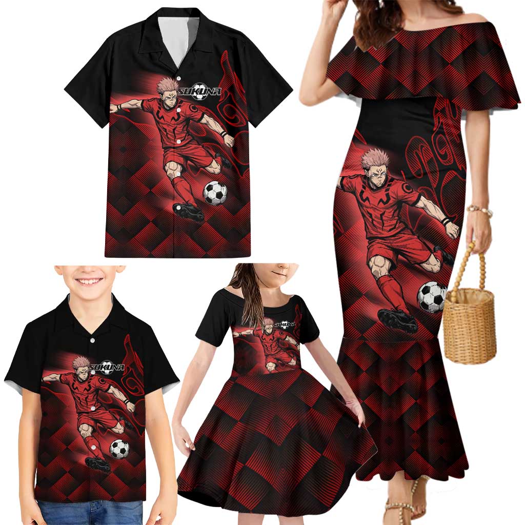 Personalized Sukuna Jujutsu Kaisen Soccer Theme Family Matching Mermaid Dress and Hawaiian Shirt with Powerful Kick Pose and Red Black Plaid Graphic Design