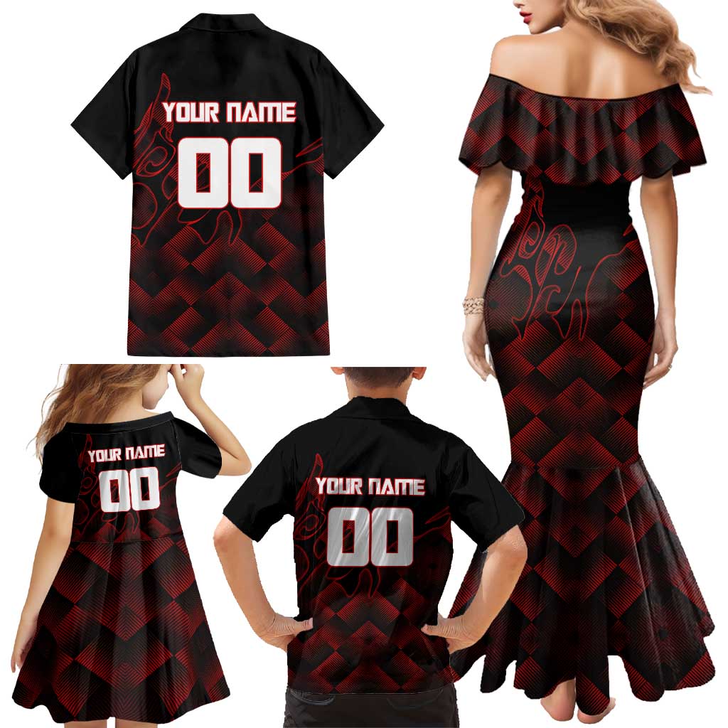 Personalized Sukuna Jujutsu Kaisen Soccer Theme Family Matching Mermaid Dress and Hawaiian Shirt with Powerful Kick Pose and Red Black Plaid Graphic Design