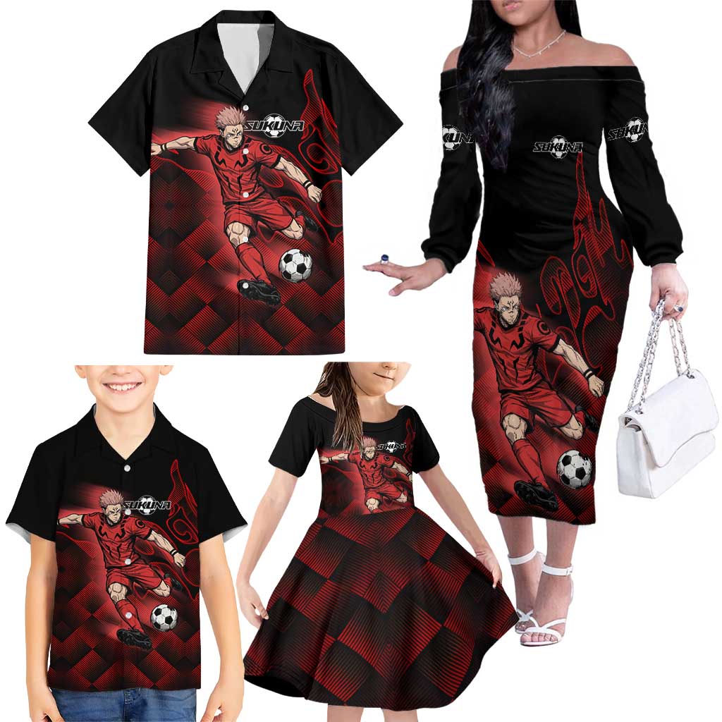 Personalized Sukuna Jujutsu Kaisen Soccer Theme Family Matching Off The Shoulder Long Sleeve Dress and Hawaiian Shirt with Powerful Kick Pose and Red Black Plaid Graphic Design