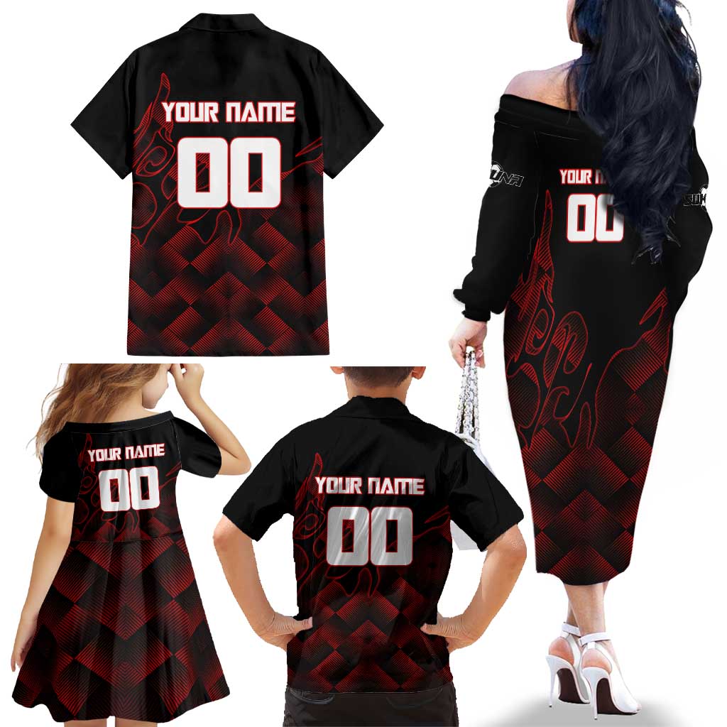 Personalized Sukuna Jujutsu Kaisen Soccer Theme Family Matching Off The Shoulder Long Sleeve Dress and Hawaiian Shirt with Powerful Kick Pose and Red Black Plaid Graphic Design