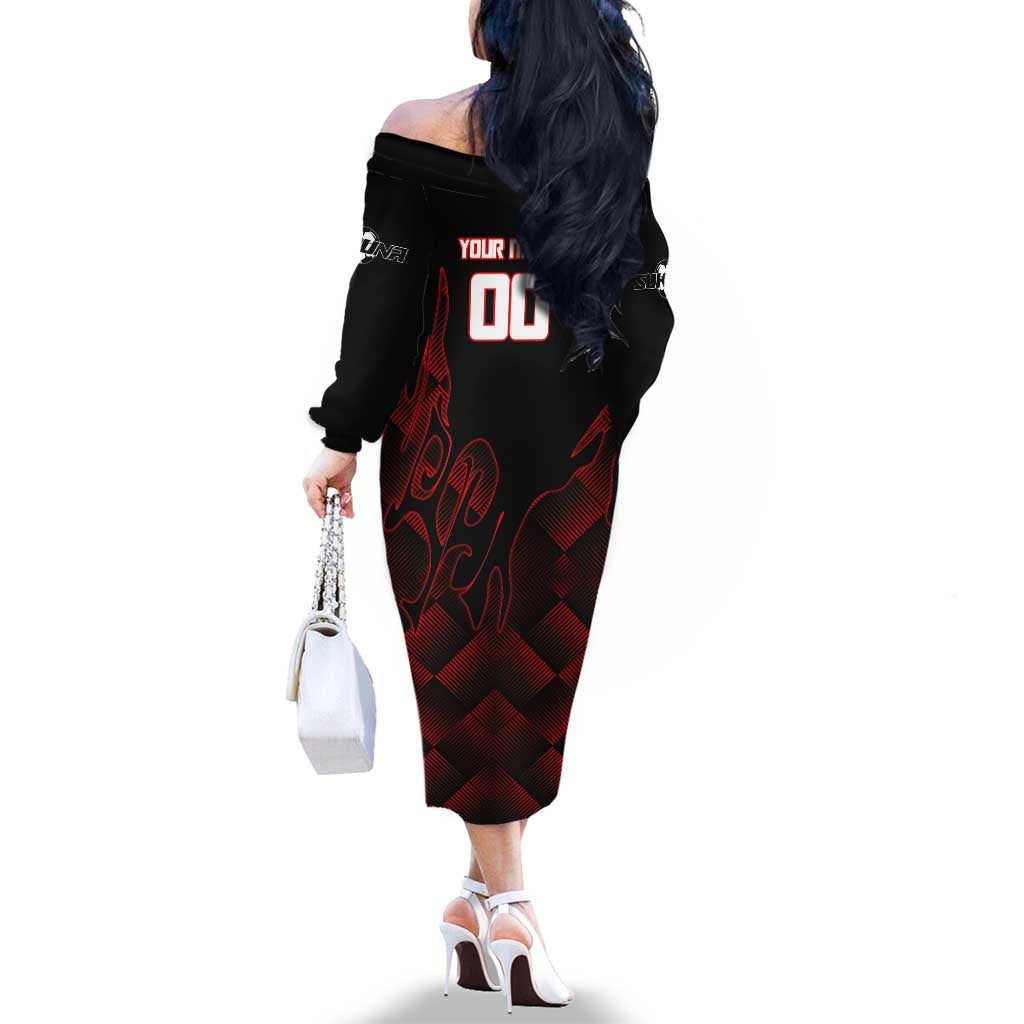 Personalized Sukuna Jujutsu Kaisen Soccer Theme Family Matching Off The Shoulder Long Sleeve Dress and Hawaiian Shirt with Powerful Kick Pose and Red Black Plaid Graphic Design